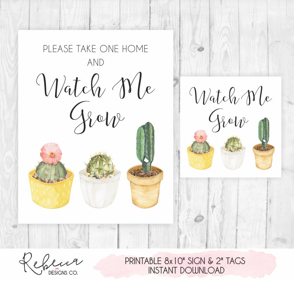 Watch Me Grow Sign And Tags Printable Succulent Favor Tags Watch Me Grow Tags Succulents Sign Cactus Favors Sign Baby Shower Favor Table