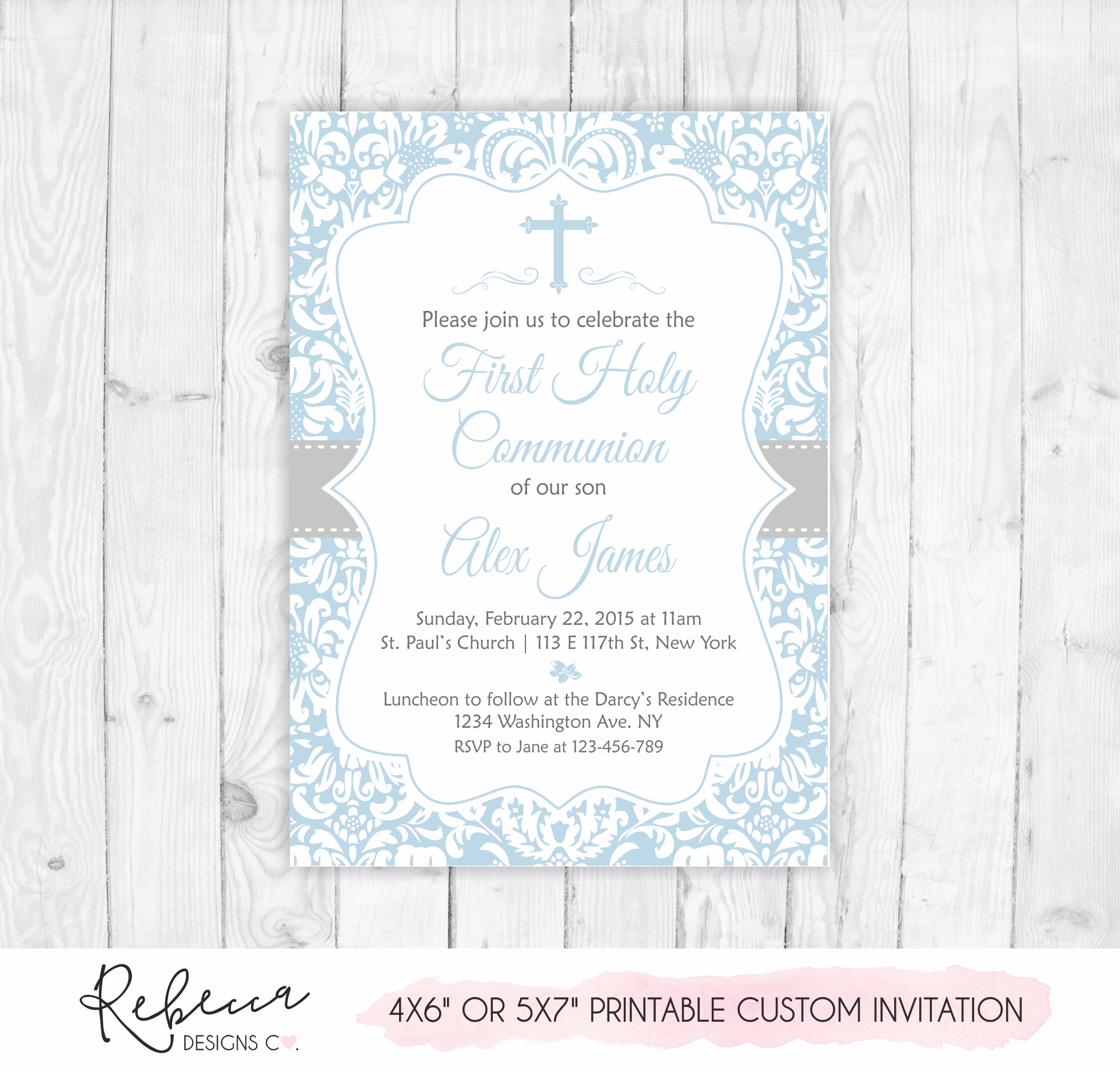 Boy first communion invitation • Printable custom design Rebecca