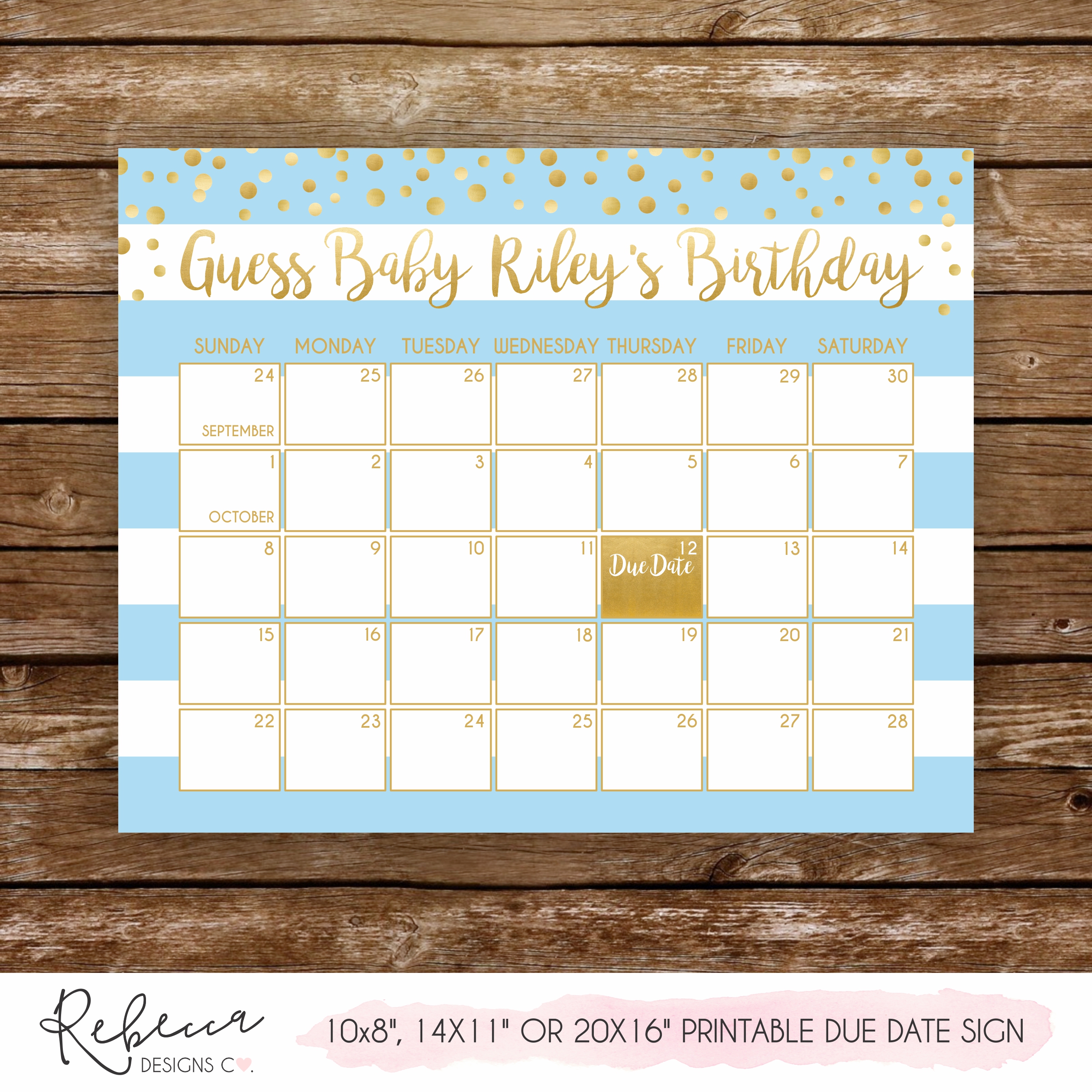 Guess the due date baby shower calendar printable blue the date boy baby shower birthday guess game sign shower game gold