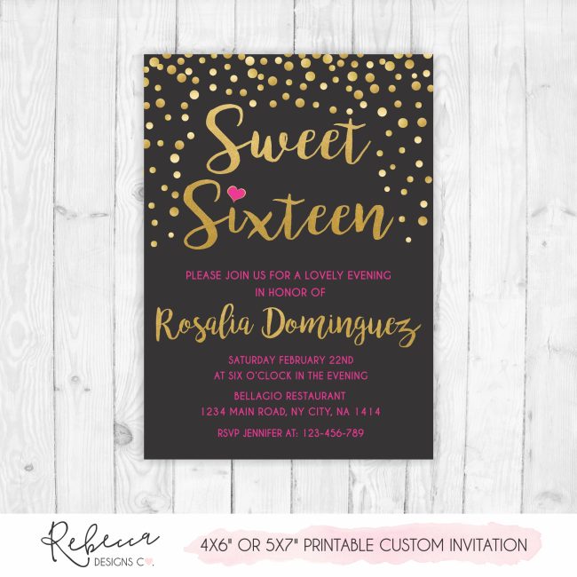 Sweet 16 gold and pink invitation • Printable custom design – Rebecca ...